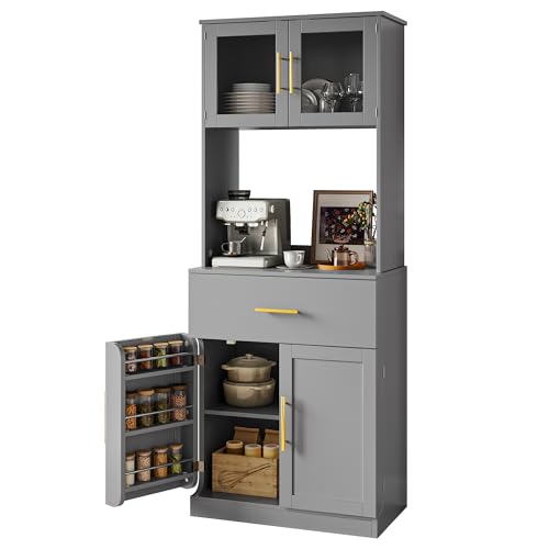YITAHOME Küchenschrank Hochschrank, 180 cm Vorratsschrank mit Sicherheitsglas-Türen, Schublade, Seitlichen Türregalen, Verstellbarem Einlegeboden, Buffetschrank Mehrzweckschrank, Grau