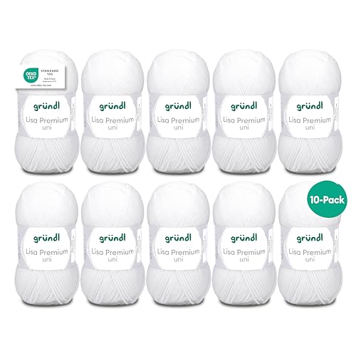 Gründl Wolle Lisa Premium uni - Garn zum Stricken - Strickgarn - Häkelgarn - Weich und hautfreundlich - 100% Polyacryl 10 Knäuel 50 g / 133 m - Nadelstärke 3,5-4,5 - Weiß