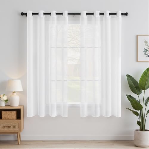 EMEMA Gardinen mit Ösen 2er Set 160cm Lang Weiß Vorhang Voile Vorhänge
