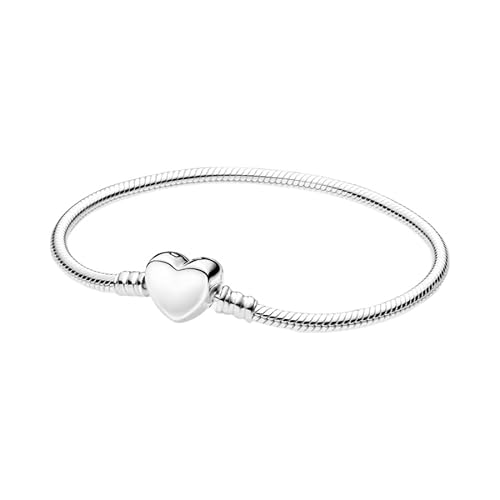 PANDORA Moments gravierbarer Herz-Verschluss Schlangen-Gliederarmband aus Sterling Silber, Kompatibel Moments Charms, Größe:19, 599206C00-19