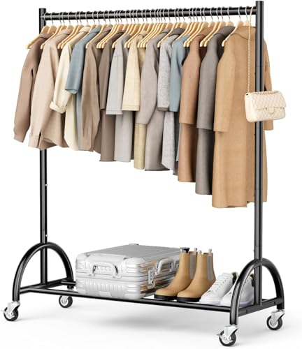 MISSLO Schwerlast Kleiderständer auf Rollen für Schlafzimmer, Metall Kleiderstange mit Ablage Mobile Garderobenstange Stabil Kleiderwagen für Kleider, Mäntel, Schwarz