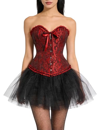 Damen Spitze Überbrust Korsett sexy Damen Corsage Vintage Gothic Bustiers KorsettsVollbrust mit Stahlstäbchen Bridal Wäsche Gothic Korsage Top Satin Bustier mit G-String S-3XL (Weinrot, S-M)