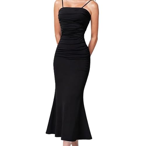 Falafoty Elegantes Maxikleid Damen,Rüschen Fischschwanz Figurbetontes Maxikleid, Abendkleid Trägertop Maxikleid,Formelles Kleid Hochzeitsgäste (DE/NL/SE/PL, Alphanumerisch, M, Regular, Regular)