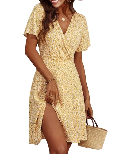 Cicy Bell Damen Sommerkleid Kurzarm Blumenmuster Kleider Gelb S
