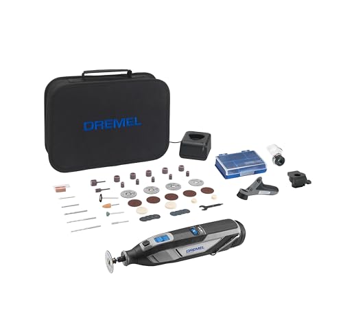Dremel 8240 Akku-Rotationswerkzeug, 12V 2Ah Lithium-Ionen-Akku, Multifunktionswerkzeug Set mit 3 Auf-und Vorsätzen, 45 Zubehören, variable Drehzahl 5.000–35.000/min, und schnelle Ladezeit