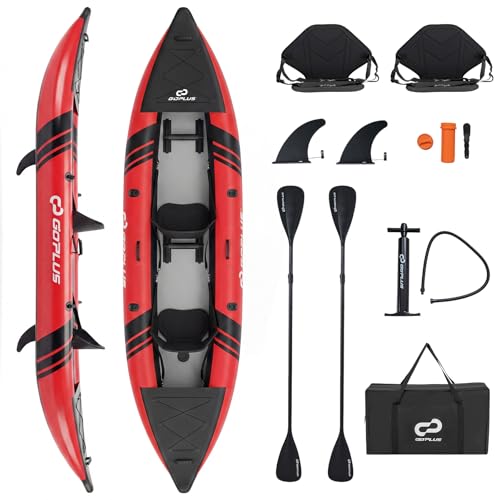 GOPLUS Kajak Aufblasbar für 2 Personen, Schlauchboot mit Aluminiumrudern, gepolstertem Eva-Sitz, Handpumpe & Reparaturset, Kanu mit Tragetasche bis 230 kg belastbar (Rot)