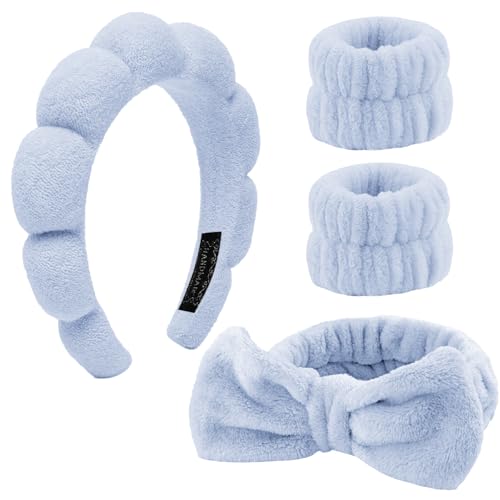 4 Stück Haarband Kosmetik,Spa Stirnband Make Up Schwamm Set Damen, Hautpflege Stirnband Waschen Gesicht Wristband Set Für Frauen Schönheit Mädchen Yoga Sport Dusche Make-up-Entfernung (Blau, 4 Stück)