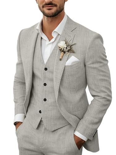 3-teiliges Herren-Anzug-Set aus Leinen, lässig, leicht, Blazer, Jacken, Westen, Hosen, Set für Hochzeit, Business, Abschlussball, Anzug, Hellgrau, L