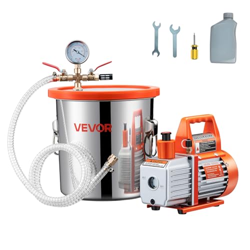 VEVOR 11,36 L Vakuumkammer mit Pumpe, 99 L/min, Edelstahl, Entgasungskammer-Kit, einstufig, Deckel aus gehärtetem Glas, 1,5 m Schlauch, zur Stabilisierung von Holzentgasungs-Silikonharz