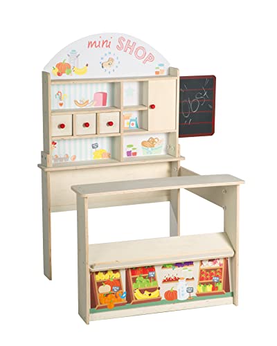 roba Kaufladen 'Minishop', Kinder Kaufmannsladen, Holz natur, Verkaufsstand mit Theke, Tafel, Schiebetür & Markststand Bedruckung