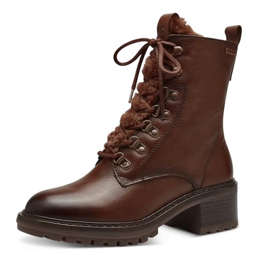 Tamaris Damen Schnürstiefel Materialmix aus Leder und Textil Winter gefüttert; COGNAC/braun; 37 EU