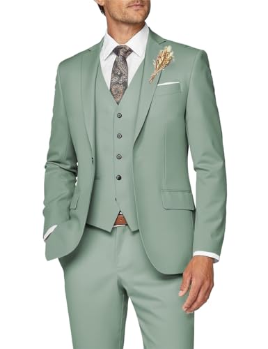 Wangyue Herrenanzug, 3-teilig, schmale Passform, Anzug für Herren, formeller Business-Anzug, Hochzeit, Bräutigam, Abschlussball, Smoking, Dinner-Party, Salbeigrün, L