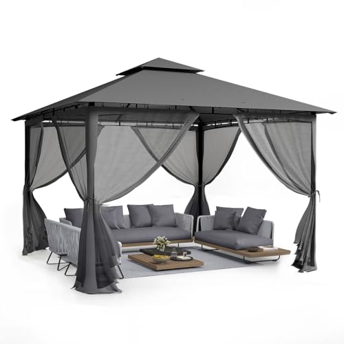 UDPATIO Pavillon 3,35x3,35m Wasserdicht Stabil Winterfest, Gartenpavillon mit Doppeldach, Moskitonetz und Metallrahmen, Doppeldach Gartenlaube für Garten, Terrassen (Grau)