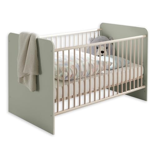 Stella Trading PRIZZI Sicheres Babybett 70x140 cm in Pastellgrün/Aurum Optik - Funktionales Baby Gitterbett mit höhenverstellbarem Lattenrost - 78 x 88 x 143 cm (B/H/T)