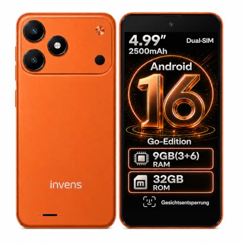 invens TK02 Smartphone Ohne Vertrag Günstig, Android 16 Go Handy, 5,0 Zoll, 9GB RAM (3+6) + 32GB ROM, 4G LTE, Dual SIM + TF 256GB, 8MP + 5MP Kamera, Abnehmbarer Akku, USB-C, 3,5 mm, Orange