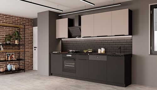 Küche Siena + Arona Basic 280 cm Küchenzeile Küchenblock Einbauküche Kaschmir beige + Schwarz matt