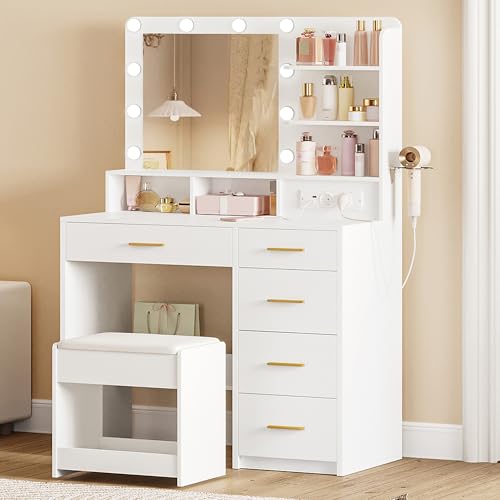 Hzuaneri Schminktisch mit 10 LED-Beleuchtung, Hocker, Frisiertisch mit Große Spiegel, Schminktische mit Stecker, Und Haartrocknerhalter, Und Mehreren Schubladen, Weiß DT39003X