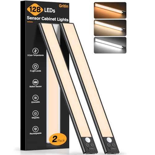 Gritin 37.5cm Unterbauleuchte Küche LED Schrankbeleuchtung, Superhell, 3 Farbe & 5 Helligkeit, 4 Modi, Bewegungsmelder, Aufladbar 2500mAh Akku, Stark Magnet Schranklicht, 2 Stück -Schwarz