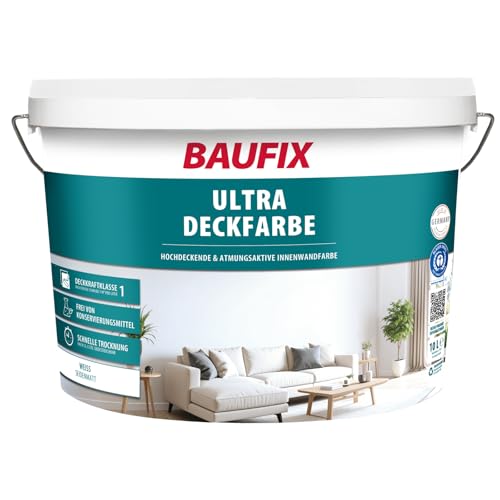 BAUFIX Ultra-Deckfarbe weiss, seidenmatt, 10 Liter, Wandfarbe, für innen, sehr hohe Deckkraft, Innenfarbe mit Deckfähigkeit Klasse 1