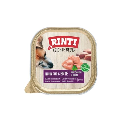 RINTI - Leichte Beute | Kalorienreduziertes Nassfutter mit fettarmem, magerem Fleisch für empfindliche, ausgewachsene Hunde. Alleinfutter in praktischen Schälchen | 9x300g Huhn Pur + Ente