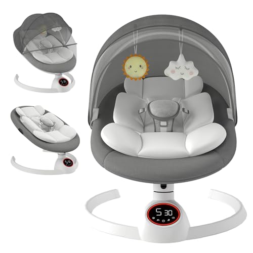 Babywippe Elektrisch Neugeborene bis 9 kg, Klappbar Bluetooth Babyschaukel Elektrisch mit 5 Schwinggeschwindigkeiten, 3-stufigem Timer und Fernbedienung, Tragbar Leicht Wippe Baby Elektronisch (Grau)