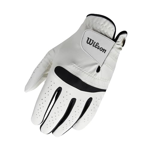 Wilson Feel Plus Herren-Golfhandschuh, Premium-Leder, Verbesserter Grip und Schweißkontrolle, Weiß, Größe M (Linke Hand)