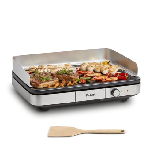 Tefal Maxi Plancha Elektro-Tischgrill CB690D, Extra groß, Antihaft Teppanyaki Platte, Leichte Reinigung, Innen und außen nutzbar, Inkl. abnehmbarem Windschutz + Spatel, 2300W, Schwarz/Silber