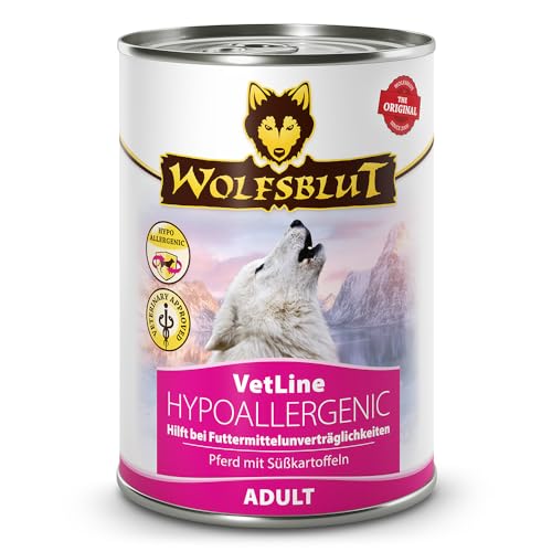 WOLFSBLUT – VetLine Hypoallergenic | Diät Nassfutter für ausgewachsene Hunde mit Futterunverträglichkeiten. Getreidefreies Alleinfutter in der Dose | 6x395g Pferd mit Süßkartoffeln