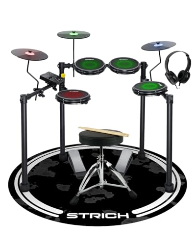 STRICH Elektronisches Schlagzeug E-Drum Set mit Mesh Heads, LED Drum Pads, USB MIDI, faltbares Electronic Drum Kit mit Drumhocker, Kopfhörer und Drum Matte für Anfänger & Home Practice, SED-T03