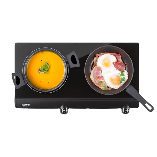 TZS First Austria - Infrarot-Doppelkochplatte 2500W - Ø 2 x 150 mm - Mobiles Kochgerät mit Überhitzungsschutz & stufenloser Thermostatsteuerung - Glaskeramik-Kochfeld für alle Topfarten