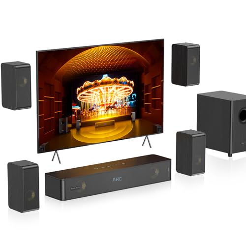 Hölzern 5.1.2CH Soundbar für TV Geräte, 4 Surround-Lautsprecher, 400W Spitzenleistung, Heimkino Virtual Surround Soundsystem Sound Bar mit 5.25'' Subwoofer, ARC/Optisch/BT 5.3/AUX/USB, HiPulse N512