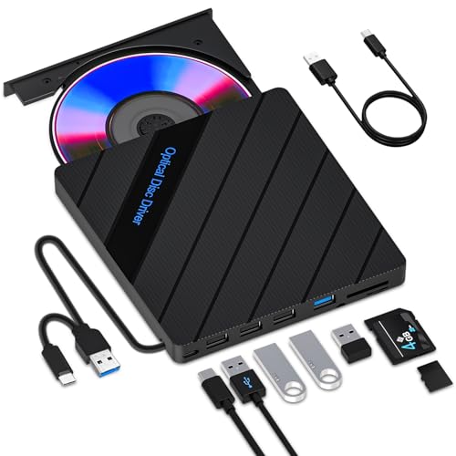 8-in-1 Externes DVD Laufwerk für Laptop CD Laufwerke Extern USB 3.0 Type-C mit 5 USB-Anschlüsse 2 TF/SD-Kartenleser Optische Brenner Reader Player für PC MacBook iMac Windows 11 Vista Linux Mac OS