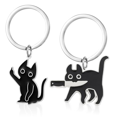EOAMGO Schlüsselanhänger Katze, Cute Cat Keychain, 2 Stück Schlüssel Anhänger Lustig Süß Schwarz Katze Geschenk, Katzen Geschenke für Frauen, Süße Schlüsselanhänger für Halloween Paar Partner
