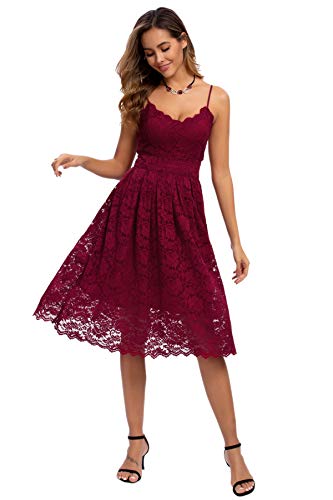 Atnlewhi Damen Vintage ärmellosen V-Ausschnitt A-Linie Kleid Blumen Knielang Spitzenkleid Brautjungfer Elegante Cocktailkleider - Rotwein - L