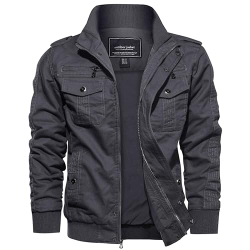 EKLENTSON Übergangsjacke Herren Classic Pilotenjacke Stehkragen Militär Jacke Cargo Full Zip (XL, Grau)