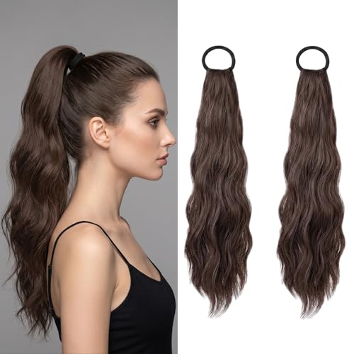 Katyjun ponytail extension 60g Leichtgewicht Haargummi Design Kein Verrutschen haarteil zopf für Alltag Date Party haarverlängerung dunkelbraun 45cm 2 Stück Leicht Gewellt