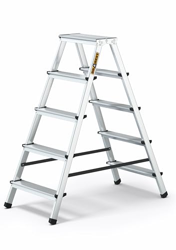 DRABEST Klappleiter Klapptritt Alu Leiter 2 x 5 Stufen Trittleiter Beidseitig Mehrzweckleiter bis 125 kg Belastbar Leiter