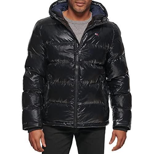 Tommy Hilfiger Herren Down Alternative Hooded Puffer Jacket (Standard and Big & Tall) Daunenalternative Oberbekleidung, Tiefschwarz, S