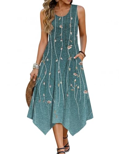 Zeagoo Damen Kleider Sommer Ärmellos Sommerkleider Freizeit Rundhals Kleider Midi Blumenmuster Leicht Strandkleid mit Taschen Blumen-D M