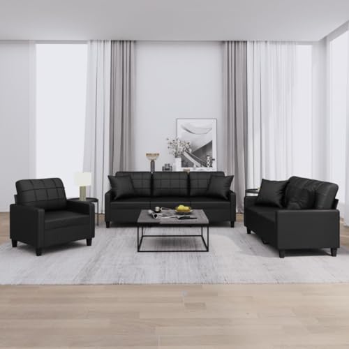 LAPOOH 3-TLG. Sofagarnitur mit Kissen Schwarz Kunstleder, Sofa Mit Relaxfunktion, Couchgarnitur, Wohnzimmer Sofa, Couch, Sofa Set 3201348