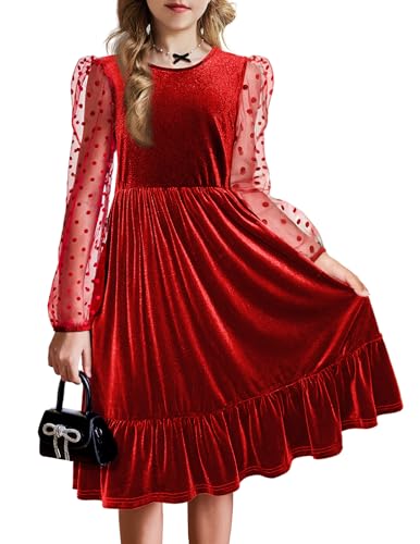 Arshiner Samt Kleid Mädchen A Line Swingkleid Lange Puffärmel Freizeitkleid Herbstkleid Winterkleid Kinder Festliches Partykleid Weihnachtskleid Schuleinführungskleid mit Taschen Rot 150/11-12 Jahre