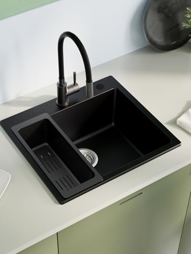 Sofetiy Küchenspüle Schwarz Granit 50x45cm, Spülbecken Küche Eckig, Moderne Einbauspüle Set mit 2 Hahnlöchern, Waschbecken Küche Schwarz, Spüle Küche, Granitspüle für Küchen, Hauswirtschaftsraum