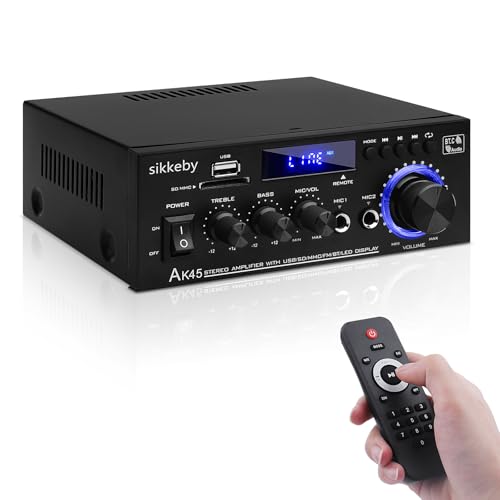 HiFi-Verstärker AK45 Mini Bluetooth Stereo-Audioverstärker Receiver 12V/ 220V 400W 2 Kanäle Digitale Endverstärker Soundverstärker w/UKW-Radio, SD/USB-Karteneingang, für Zuhause oder Auto
