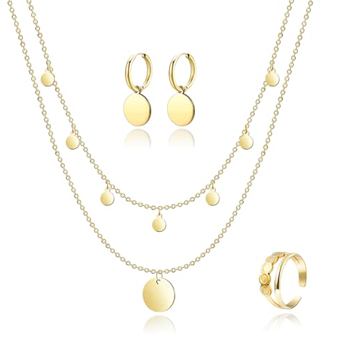 Kenivira Schmucksets für Damen,Gold Schmuck Set,Gold Anhänger Halskette Ohrringe Ring Set,Schmucksets Geschenke für Damen