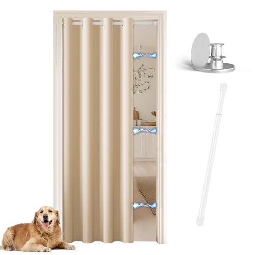 JCyh Türvorhang mit Vorhangstange und Magnetknopf,1 Stück Gardinen verdunkelnd Beige H 195 x B 132 cm, Vorhang Tür für Schrank/Raumteiler/Umkleidekabine, Stange Weiß 70-128 cm