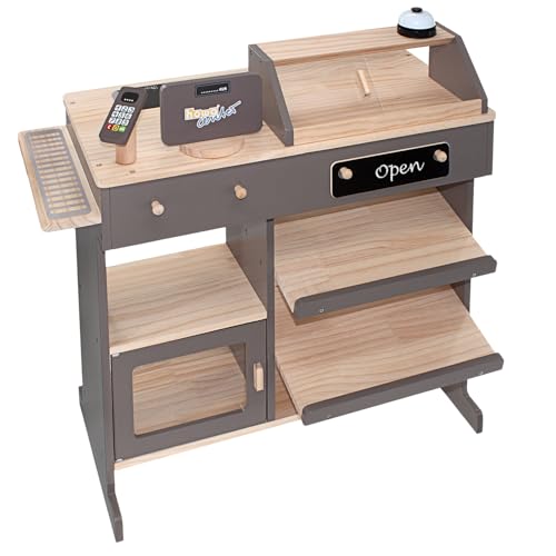 howa Kaufladen - Kaufmannsladen aus Holz, mit Spielkasse und Spielzeugkartenleser, Tafel für Kreide, Vitrine, Klingel, Holzspielzeug Natur/Taupe 4755