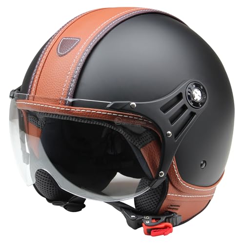 Motorradhelm Jethelm Rollerhelm CMX Hazel Größe L matt schwarz mit braunem Leder und klarem Visier