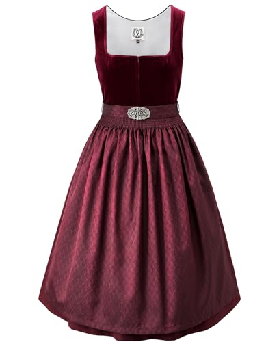 DIRNDLSTERN Damen Trachtenkleid Rot - Midi Dirndlkleid Oktoberfest Outfit Samt Trachtenrock mit 60 cm Dirndlschürzen 36