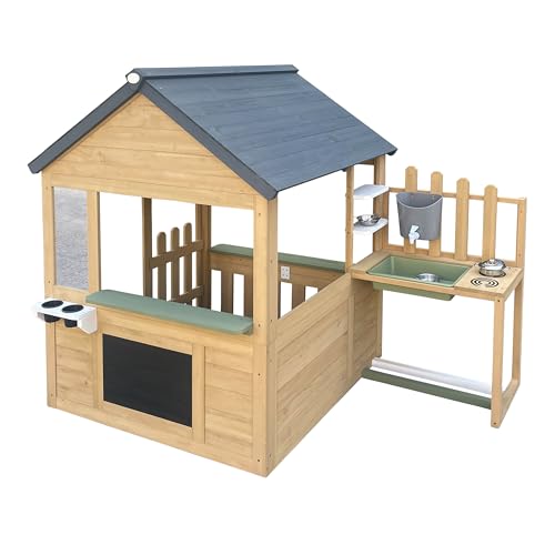 AXI Lizz Spielhaus aus Holz - Braun/Anthrazit | Holzspielhaus mit integrierter Spielküche - Outdoor Kinderspielhaus für den Garten inklusive Zubehör | Gartenhaus für Kinder