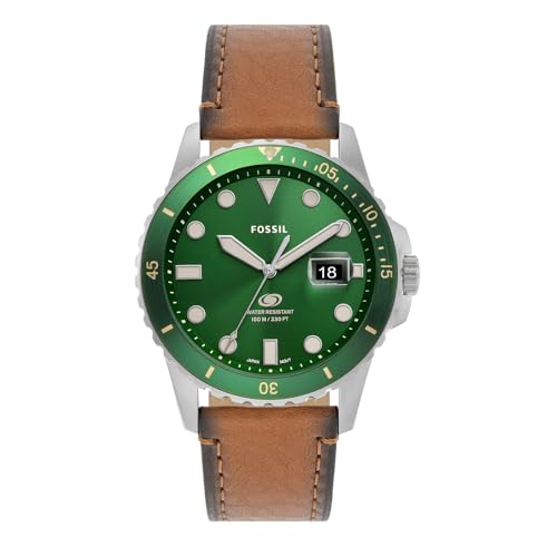 Fossil Blue uhr für Herren, Quarzwerk mit Edelstahl- oder Lederarmband, Grün und Braun, 42MM